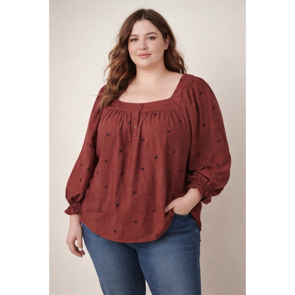 Lauren Conrad Embroidered Peasant Blouse Women XXL Rust Square Neck Puff Sleeve
